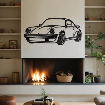 High-quality metal wall art featuring the "Porsche 911 Classic - Version 1 Metal Wall Art" crafted from durable steel with a sleek black powder-coated finish.