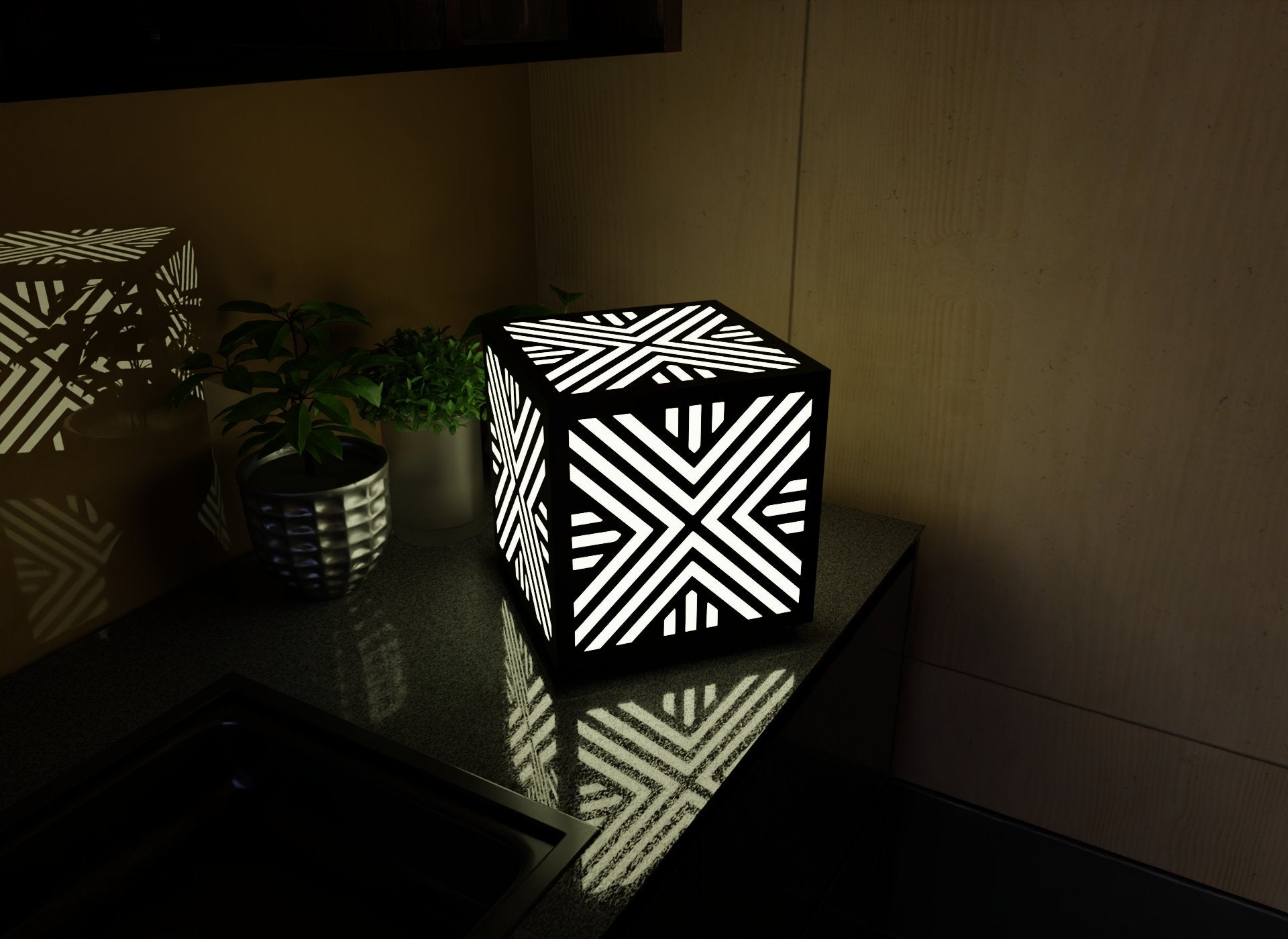 300mm metal cube lamp featuring a chevron cut-out pattern, white plexiglass panels, and a textured black finish.