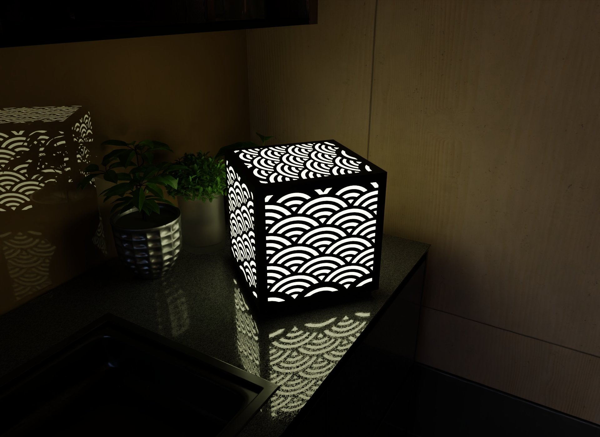 300mm metal cube lamp featuring a seaside wave cut-out pattern, white plexiglass panels, and a textured black finish.