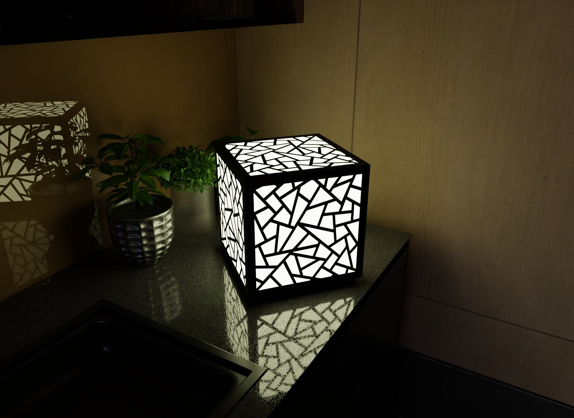 300mm metal cube lamp featuring a shattered mosaic cut-out pattern, white plexiglass panels, and a textured black finish.