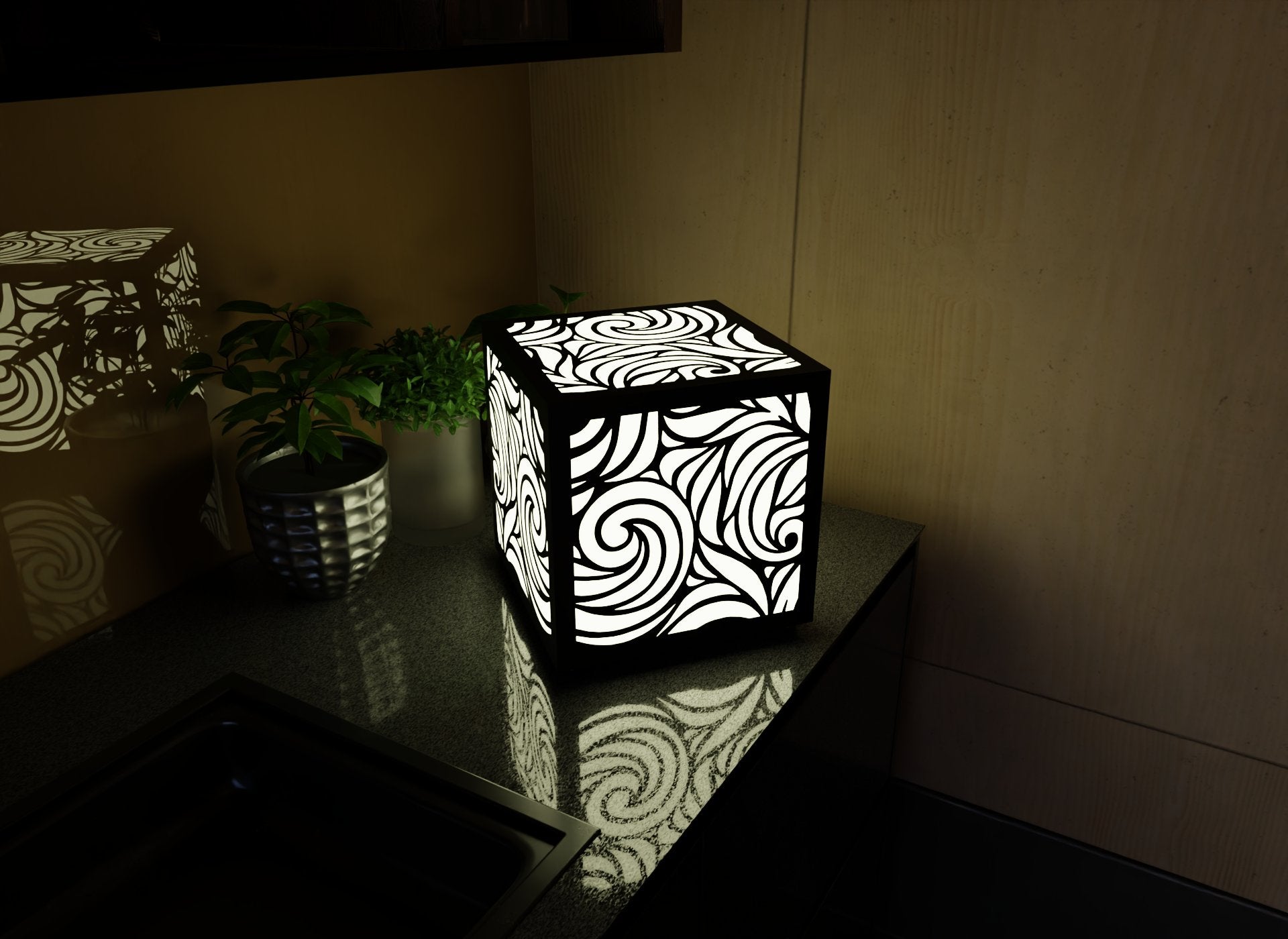 300mm metal cube lamp featuring a swirl breeze cut-out pattern, white plexiglass panels, and a textured black finish.