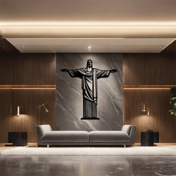 High-quality metal wall art featuring the "The Redeemer Metal Wall Art" crafted from durable steel with a sleek black powder-coated finish.