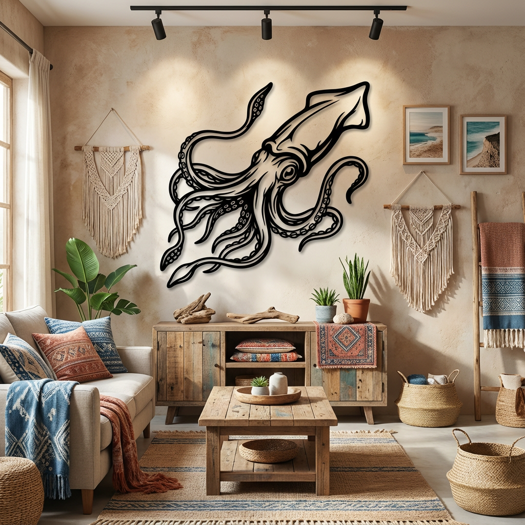 Ocean Squid Metal Wall Art - Interior Mockup