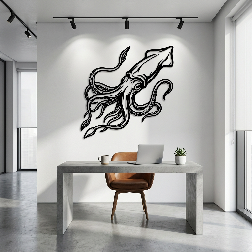 Ocean Squid Metal Wall Art - Interior Mockup