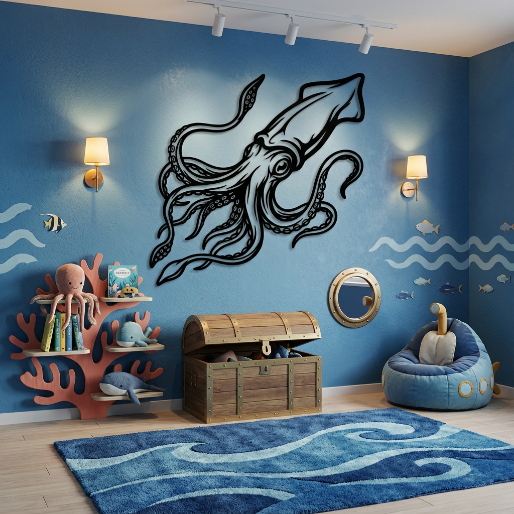 Ocean Squid Metal Wall Art - Interior Mockup
