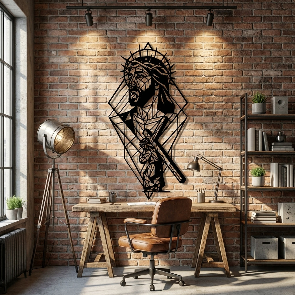 Geometric Christ Metal Wall Art - Interior Mockup