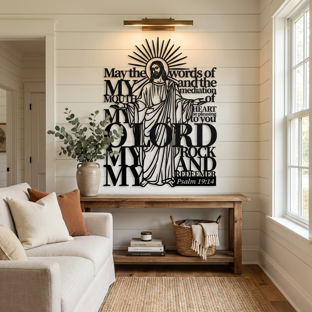 My Rock Redeemer Psalm 19:14 Metal Wall Art - Interior Mockup