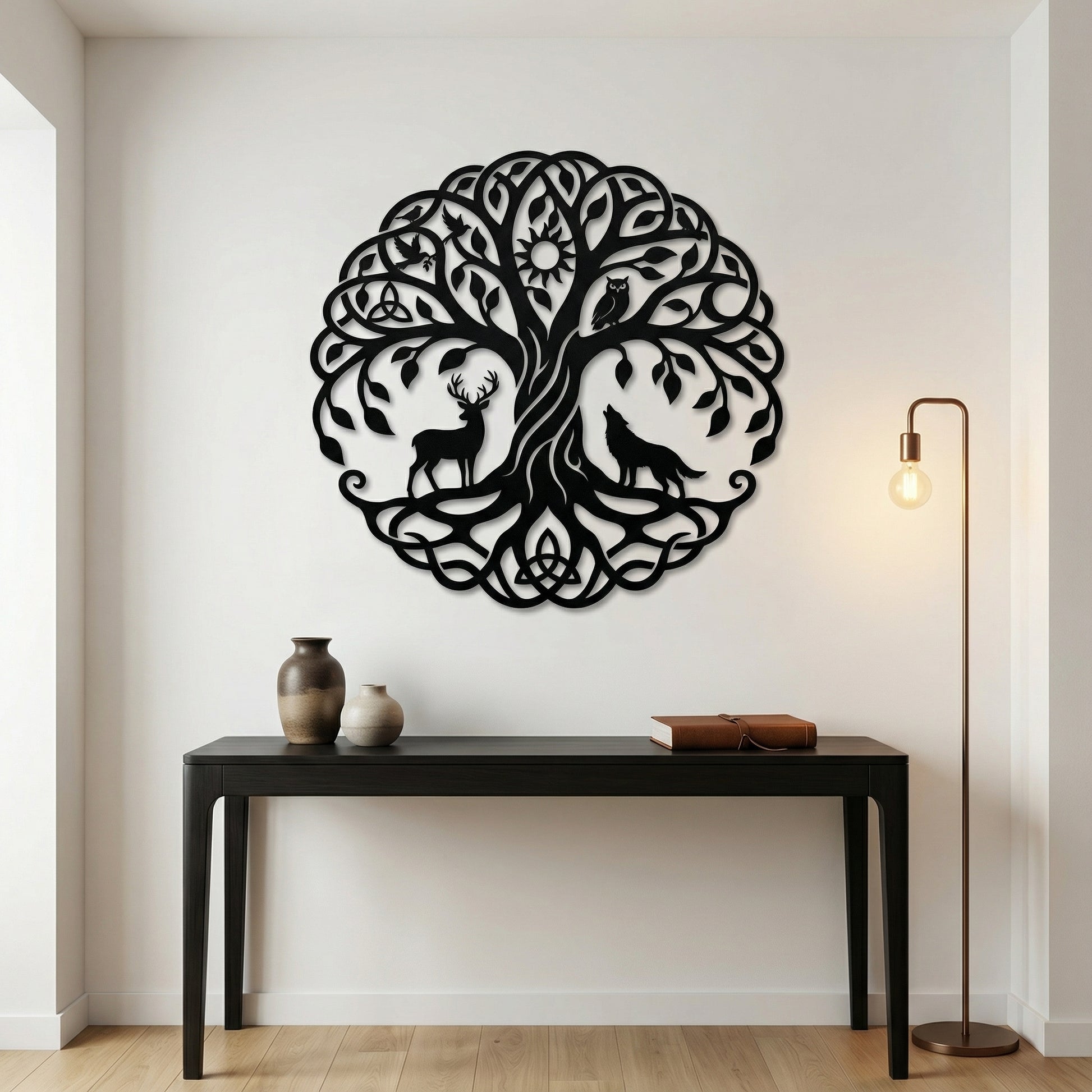 Celtic Wildlife Tree Metal Wall Art - Interior Mockup