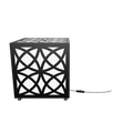 300mm metal cube lamp featuring an arc weave cut-out pattern, white plexiglass panels, and a textured black finish.
