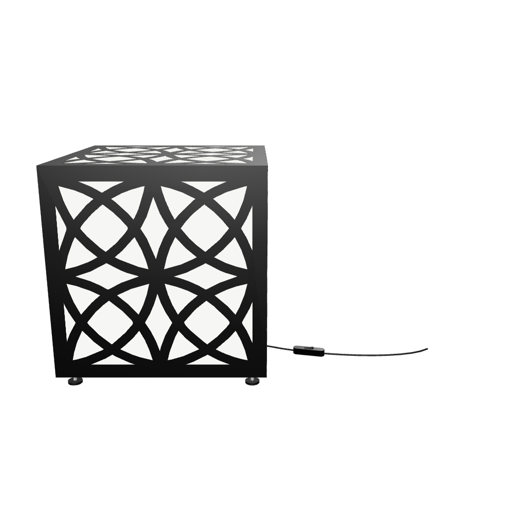 300mm metal cube lamp featuring an arc weave cut-out pattern, white plexiglass panels, and a textured black finish.

