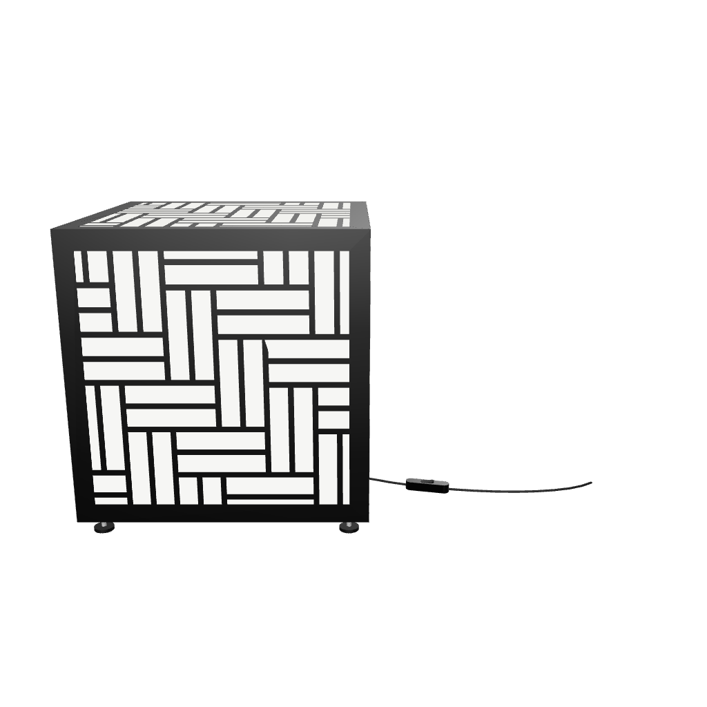 300mm metal cube lamp featuring a basket weave cut-out pattern, white plexiglass panels, and a textured black finish.
