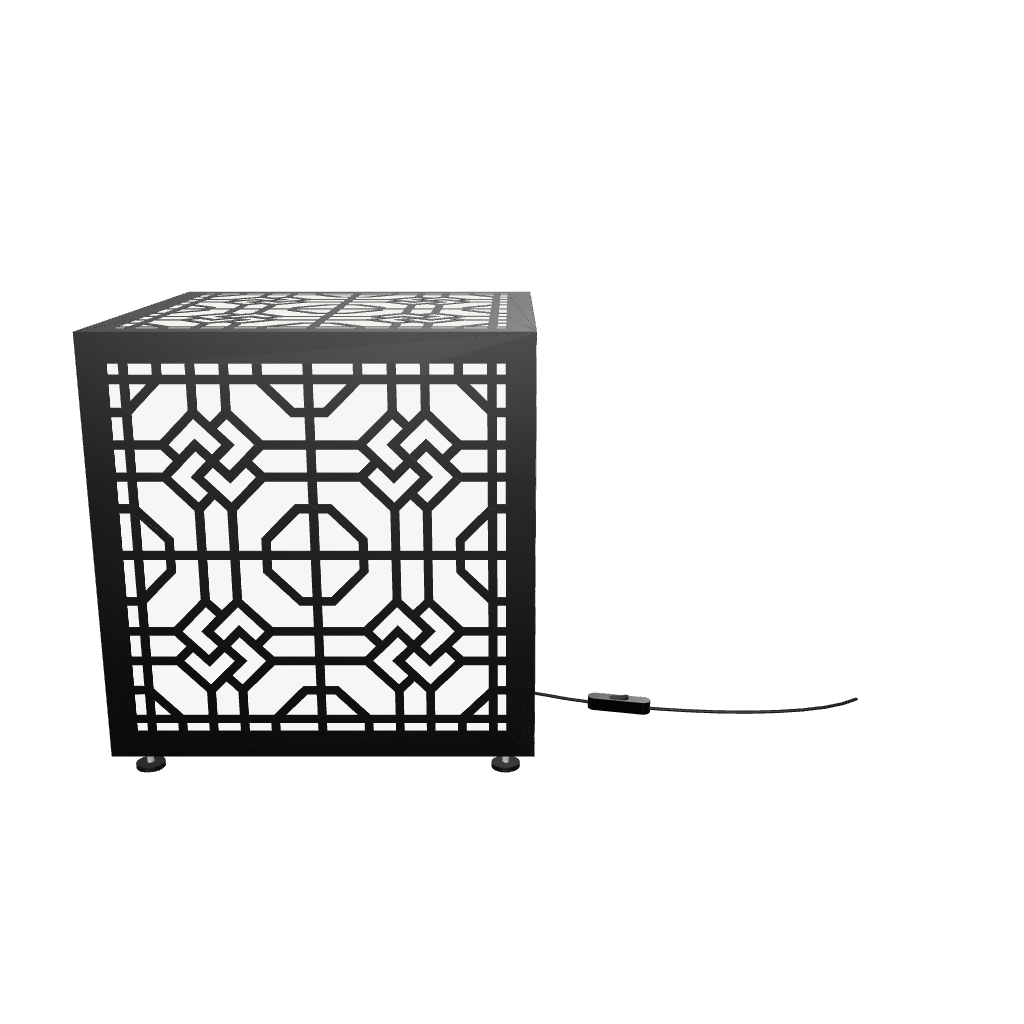 300mm metal cube lamp featuring a Celtic knot cut-out pattern, white plexiglass panels, and a textured black finish.