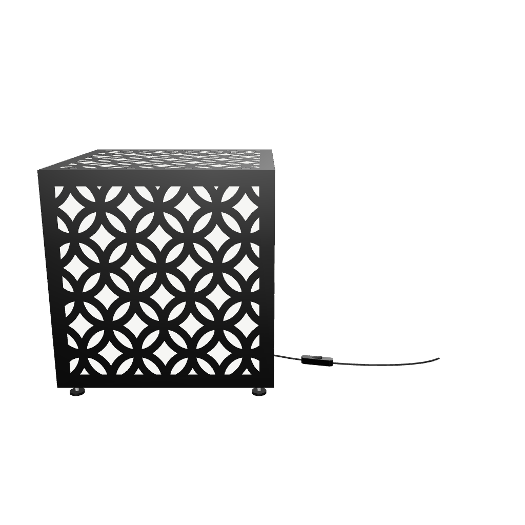 300mm metal cube lamp featuring a circle mosaic cut-out pattern, white plexiglass panels, and a textured black finish.