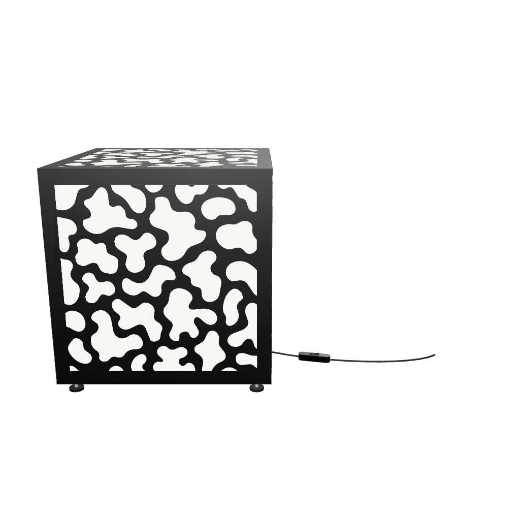 300mm metal cube lamp featuring a coral cut-out pattern, white plexiglass panels, and a textured black finish.