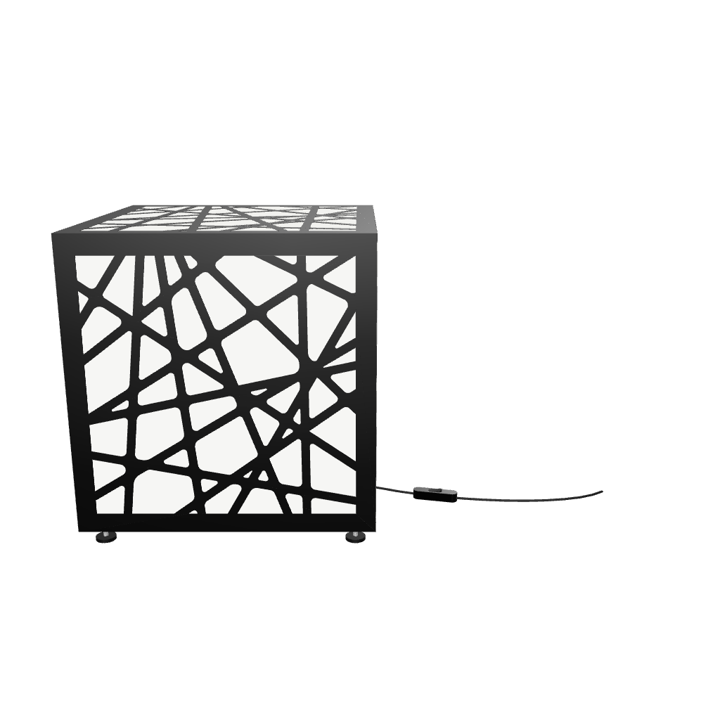 300mm metal cube lamp featuring a cracked ice cut-out pattern, white plexiglass panels, and a textured black finish.