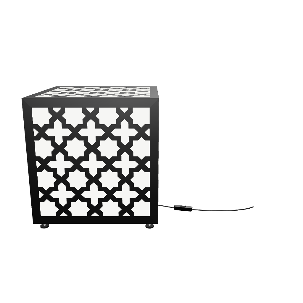 300mm metal cube lamp featuring a cross lattice cut-out pattern, white plexiglass panels, and a textured black finish.