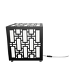 300mm metal cube lamp featuring a deco grid cut-out pattern, white plexiglass panels, and a textured black finish.