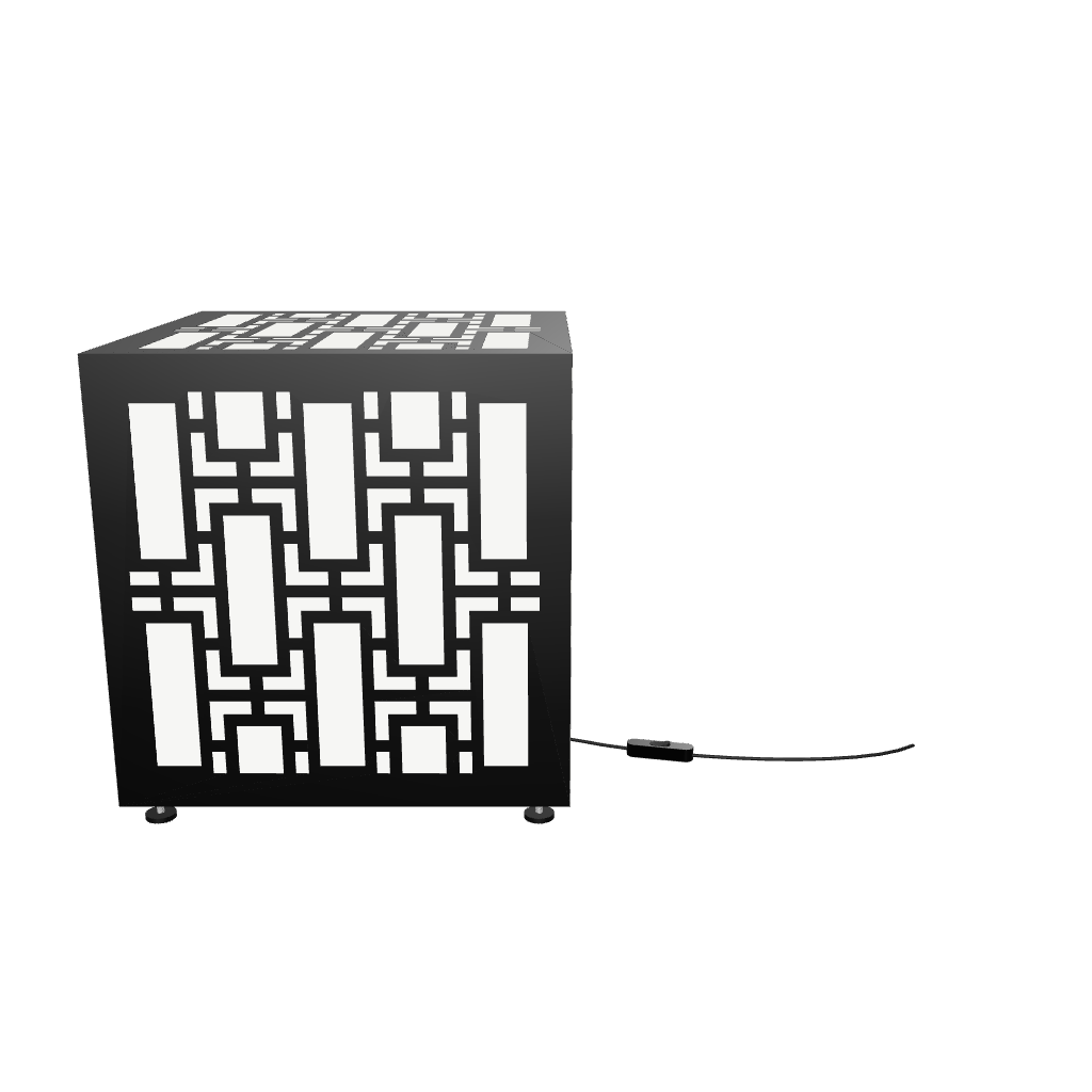 300mm metal cube lamp featuring a deco grid cut-out pattern, white plexiglass panels, and a textured black finish.