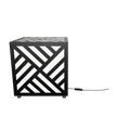 300mm metal cube lamp featuring a diagonal weave cut-out pattern, white plexiglass panels, and a textured black finish.