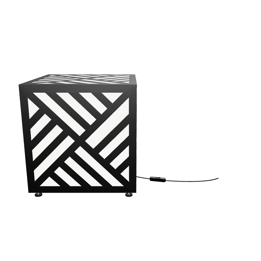 300mm metal cube lamp featuring a diagonal weave cut-out pattern, white plexiglass panels, and a textured black finish.