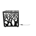 300mm metal cube lamp featuring a enchanted forest cut-out pattern, white plexiglass panels, and a textured black finish.