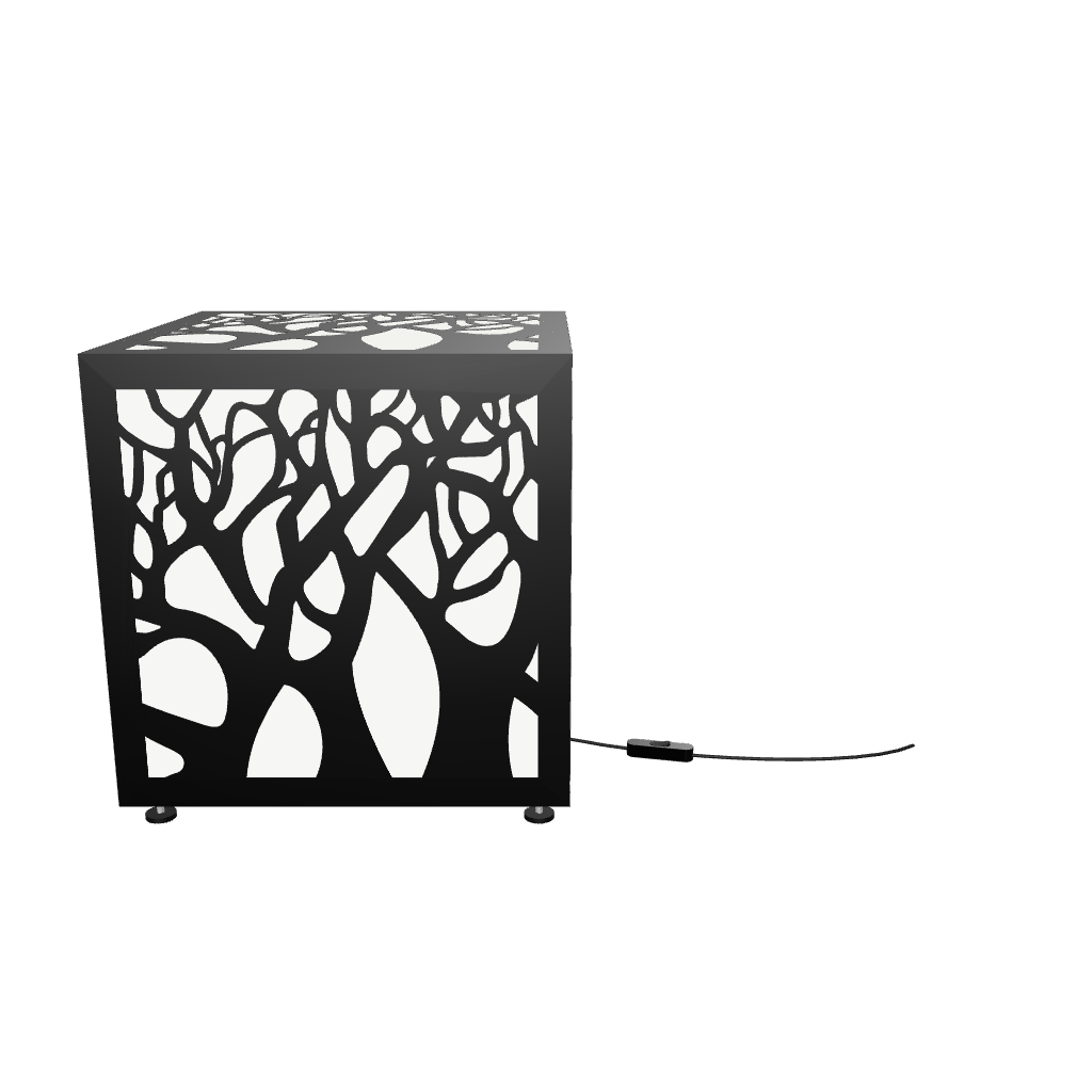 300mm metal cube lamp featuring a enchanted forest cut-out pattern, white plexiglass panels, and a textured black finish.