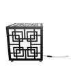 300mm metal cube lamp featuring a Greek key cut-out pattern, white plexiglass panels, and a textured black finish.