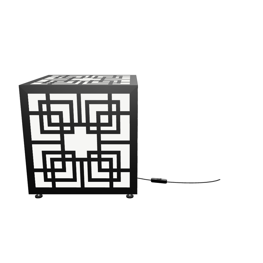 300mm metal cube lamp featuring a Greek key cut-out pattern, white plexiglass panels, and a textured black finish.