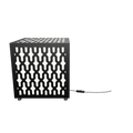 300mm metal cube lamp featuring an interlocking cut-out pattern, white plexiglass panels, and a textured black finish.