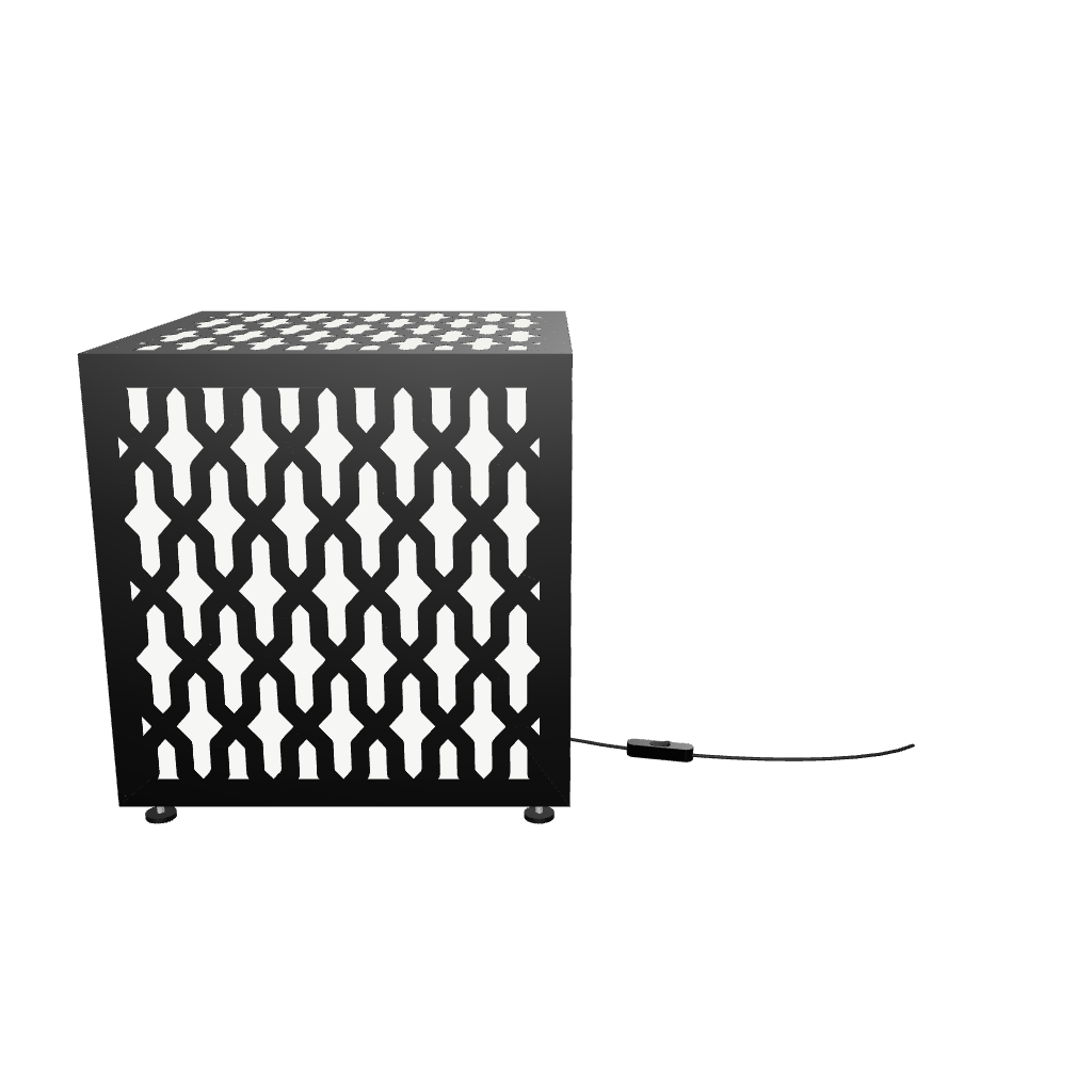 300mm metal cube lamp featuring an interlocking cut-out pattern, white plexiglass panels, and a textured black finish.