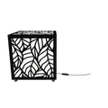 300mm metal cube lamp featuring a leafy cut-out pattern, white plexiglass panels, and a textured black finish.