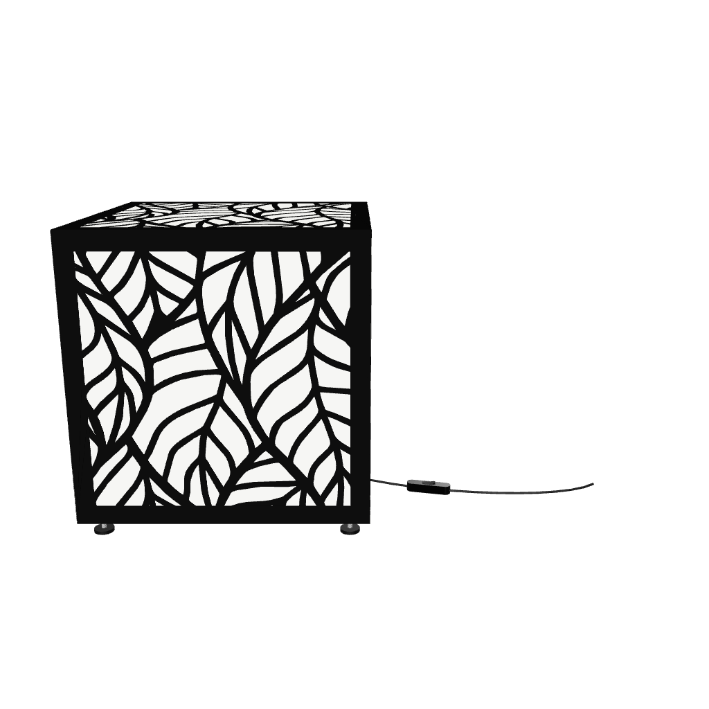 300mm metal cube lamp featuring a leafy cut-out pattern, white plexiglass panels, and a textured black finish.