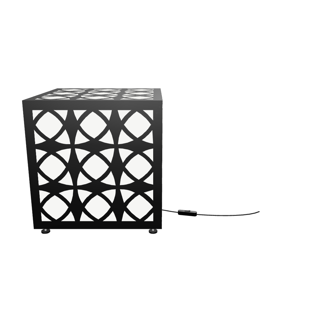 300mm metal cube lamp featuring an orb grid cut-out pattern, white plexiglass panels, and a textured black finish. 