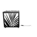 300mm metal cube lamp featuring a palm shadow grid cut-out pattern, white plexiglass panels, and a textured black finish.
