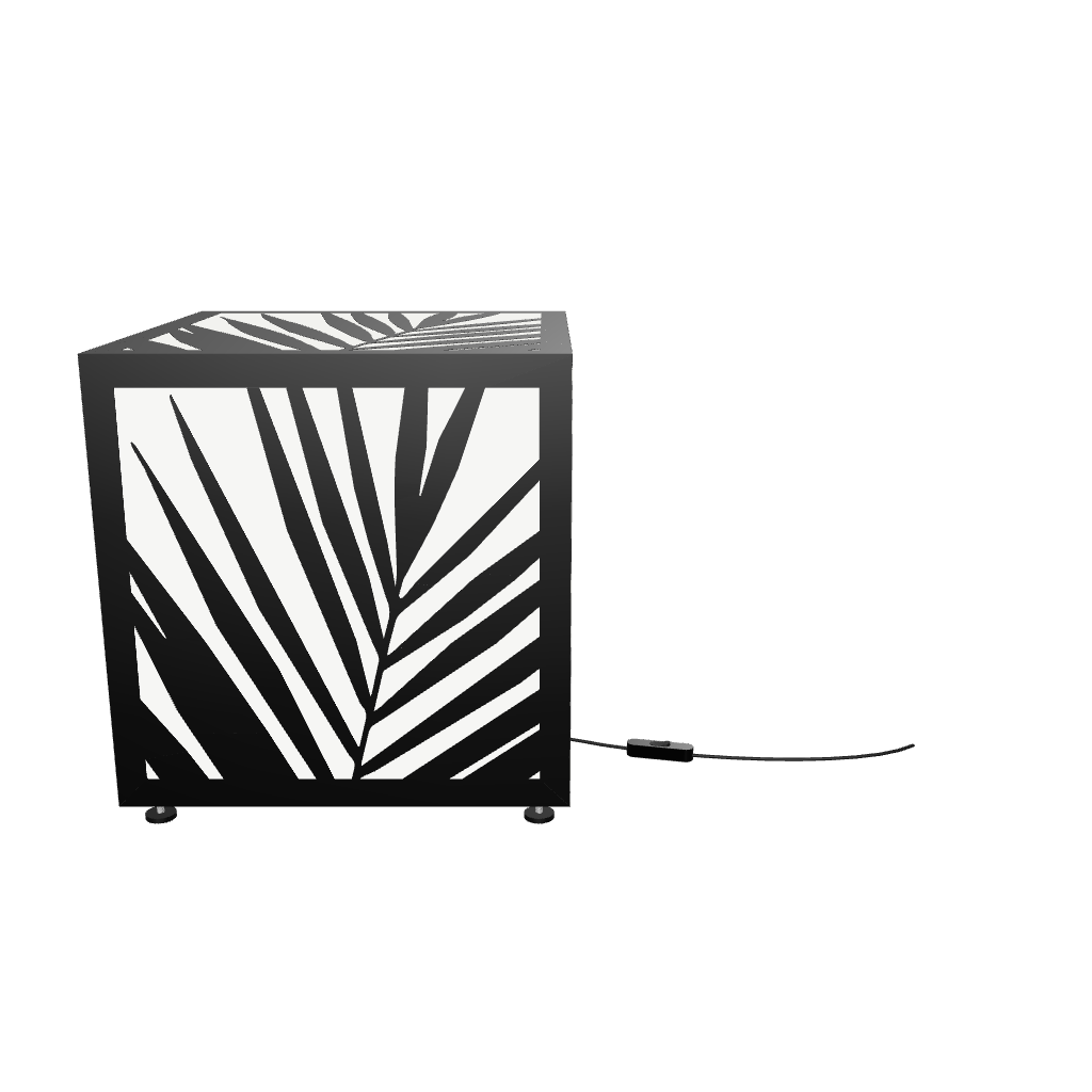 300mm metal cube lamp featuring a palm shadow grid cut-out pattern, white plexiglass panels, and a textured black finish.