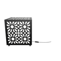 300mm metal cube lamp featuring a petal lace grid cut-out pattern, white plexiglass panels, and a textured black finish.
