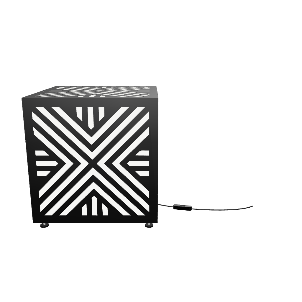 300mm metal cube lamp featuring a chevron cut-out pattern, white plexiglass panels, and a textured black finish.