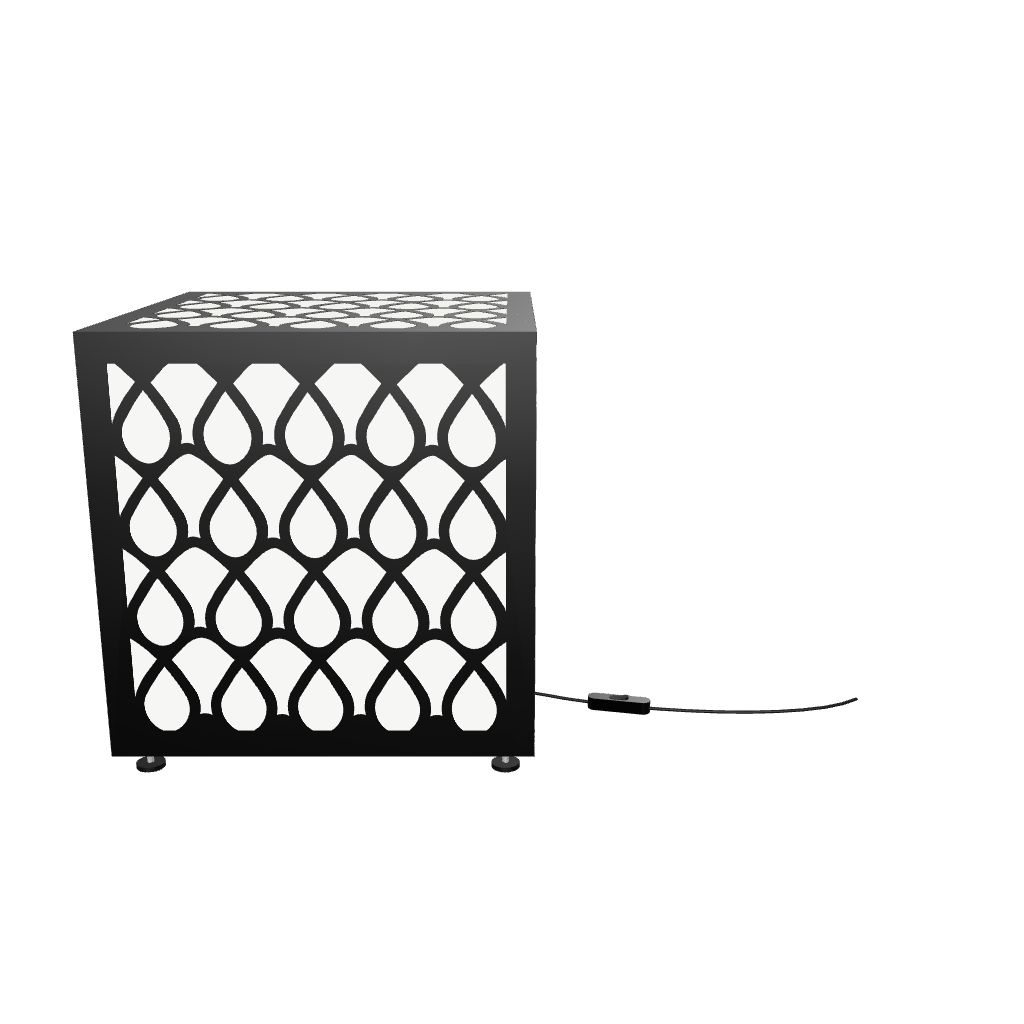 300mm metal cube lamp featuring a raindrop cut-out pattern, white plexiglass panels, and a textured black finish.