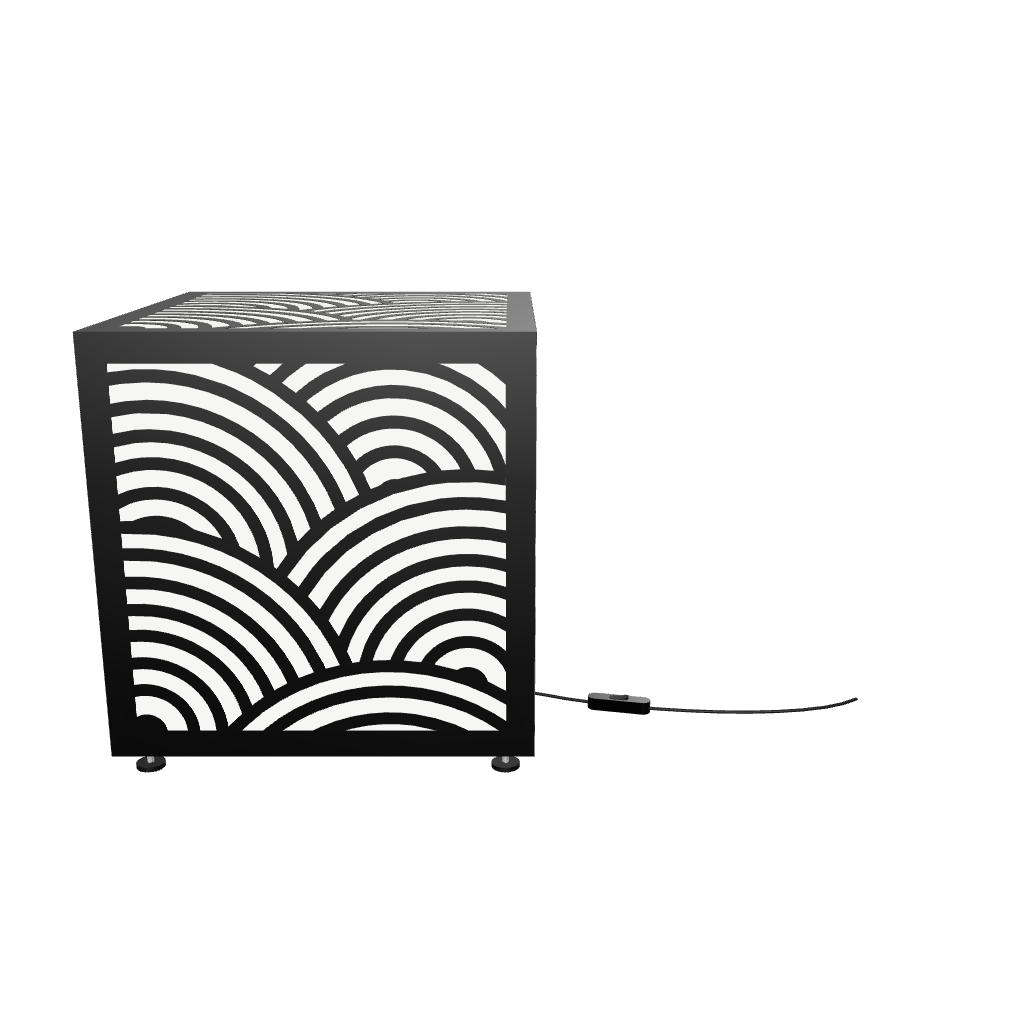 300mm metal cube lamp featuring a rolling wave cut-out pattern, white plexiglass panels, and a textured black finish.