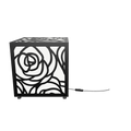 300mm metal cube lamp featuring a blooming rose cut-out pattern, white plexiglass panels, and a textured black finish.