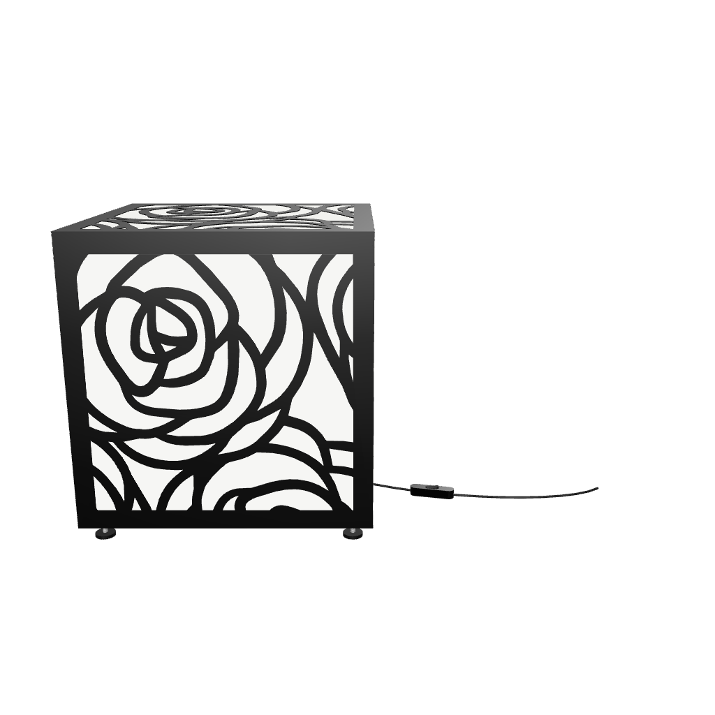 300mm metal cube lamp featuring a blooming rose cut-out pattern, white plexiglass panels, and a textured black finish.