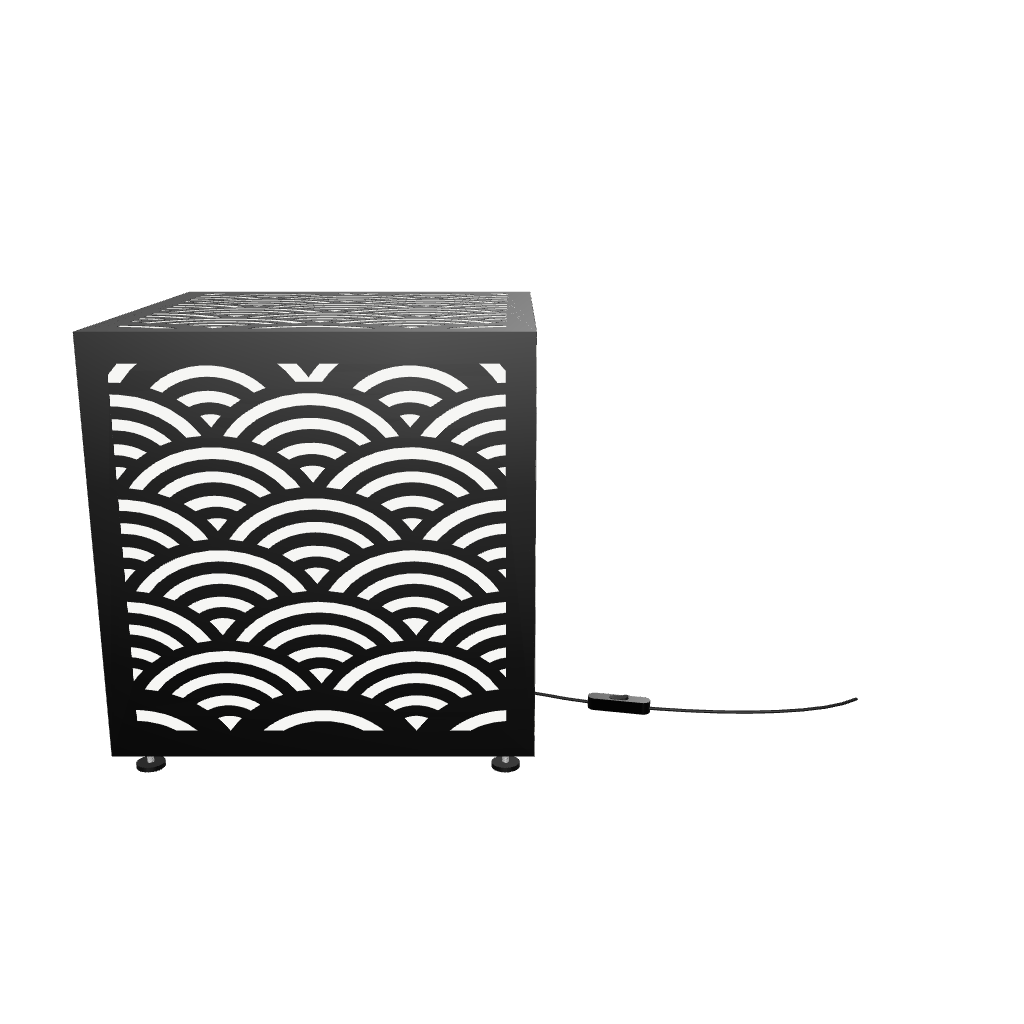 300mm metal cube lamp featuring a seaside wave cut-out pattern, white plexiglass panels, and a textured black finish.