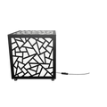 300mm metal cube lamp featuring a shattered mosaic cut-out pattern, white plexiglass panels, and a textured black finish.
