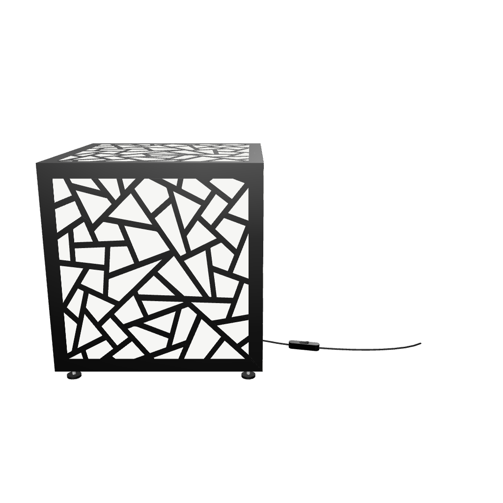 300mm metal cube lamp featuring a shattered mosaic cut-out pattern, white plexiglass panels, and a textured black finish.
