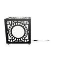 300mm metal cube lamp featuring a solar portal cut-out pattern, white plexiglass panels, and a textured black finish.
