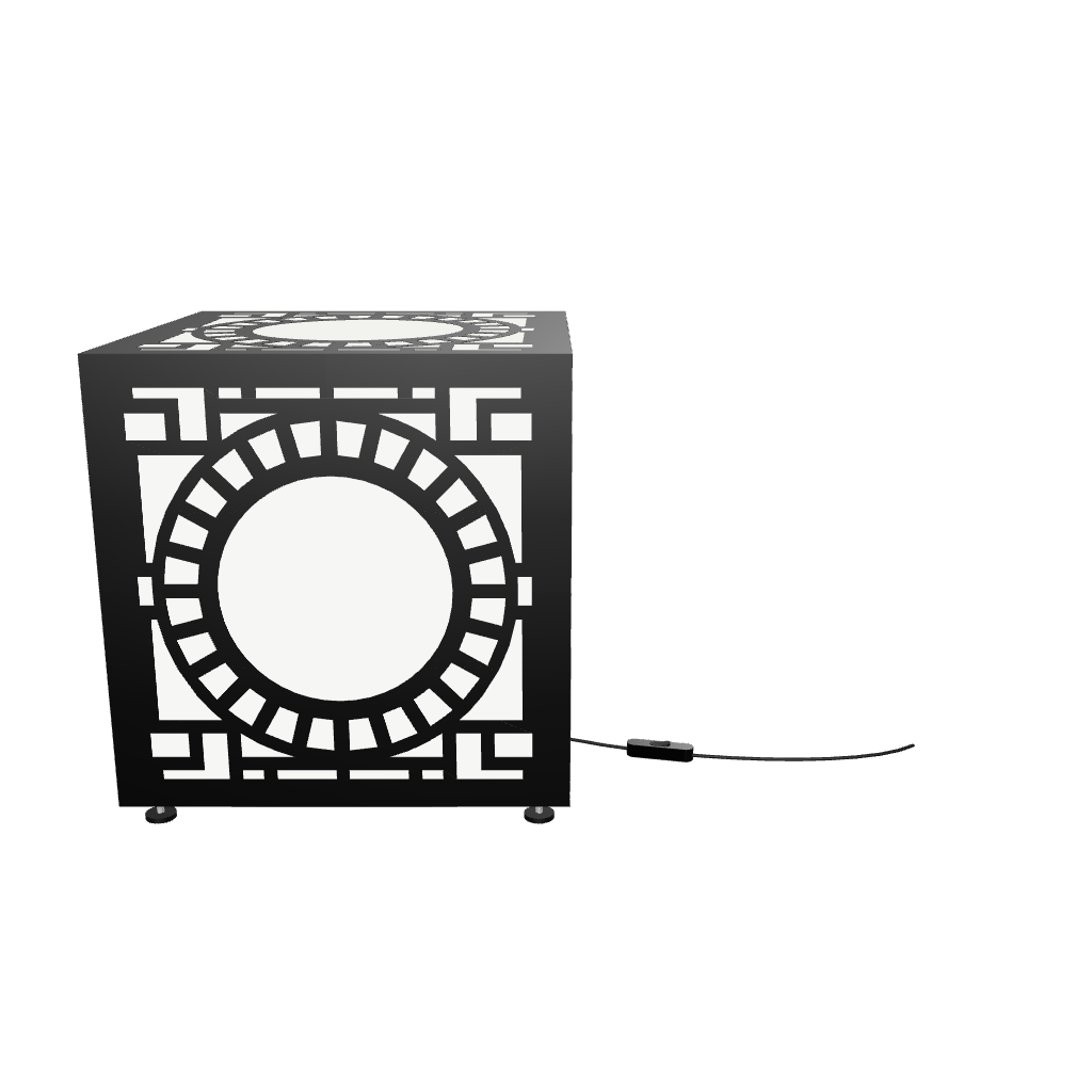300mm metal cube lamp featuring a solar portal cut-out pattern, white plexiglass panels, and a textured black finish.