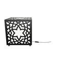 300mm metal cube lamp featuring a starburst cut-out pattern, white plexiglass panels, and a textured black finish.
