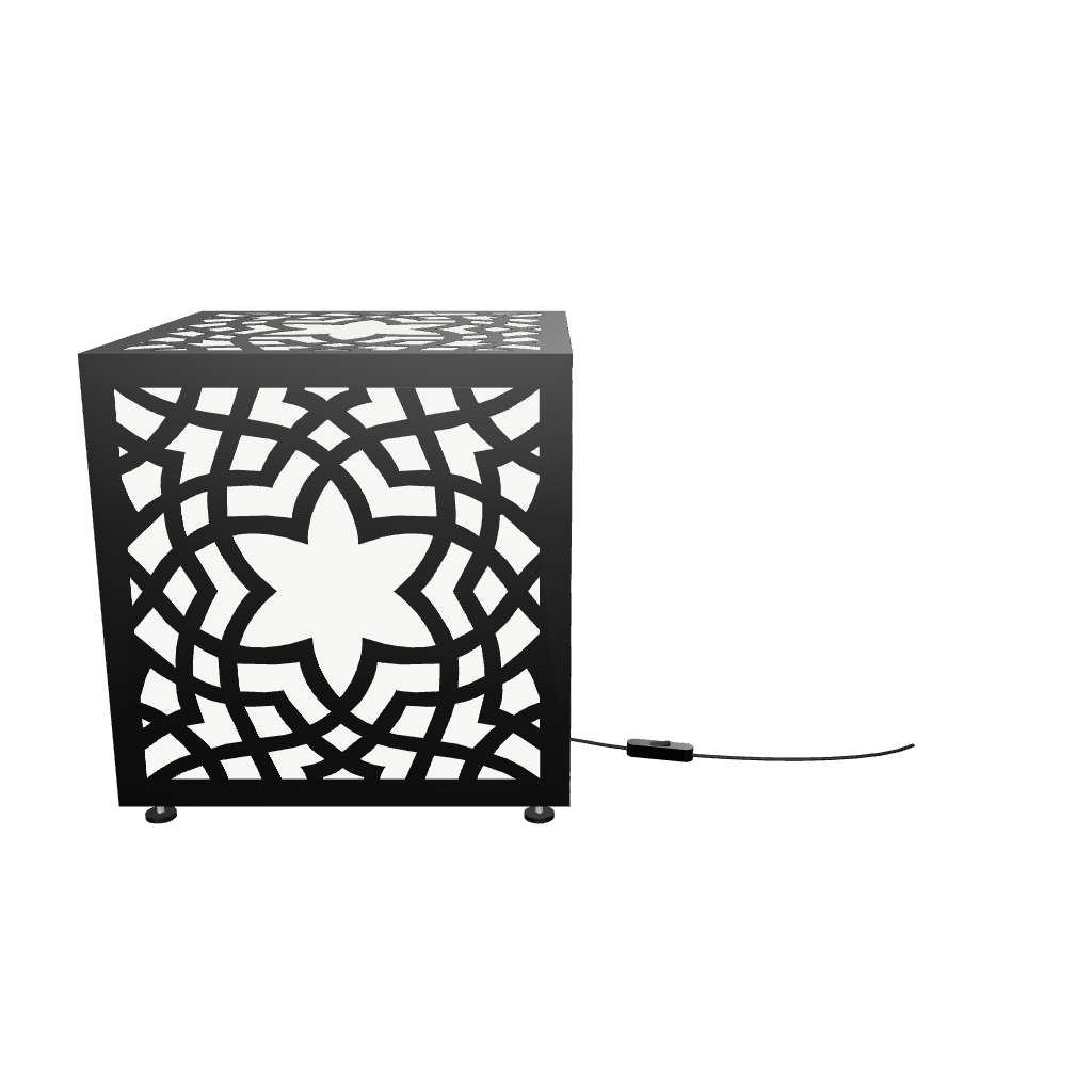300mm metal cube lamp featuring a starburst cut-out pattern, white plexiglass panels, and a textured black finish.