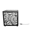 300mm metal cube lamp featuring a swirl breeze cut-out pattern, white plexiglass panels, and a textured black finish.