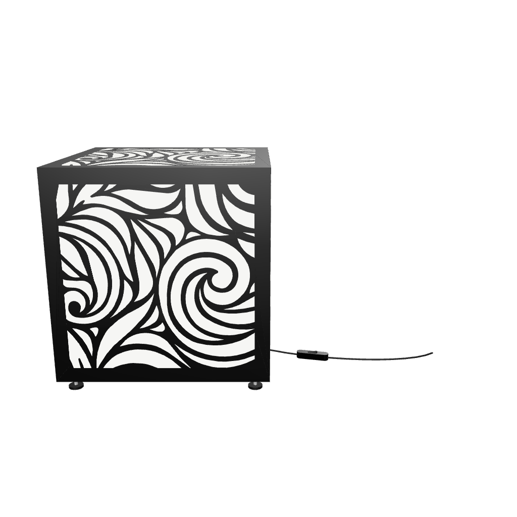 300mm metal cube lamp featuring a swirl breeze cut-out pattern, white plexiglass panels, and a textured black finish.